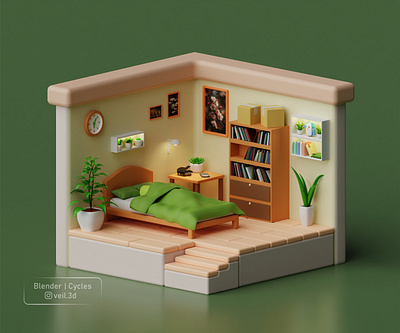 Bedroom 🛏️ 3d 3d illlustration 3d render adorable bedroom cute design green illustration isometric low poly soft