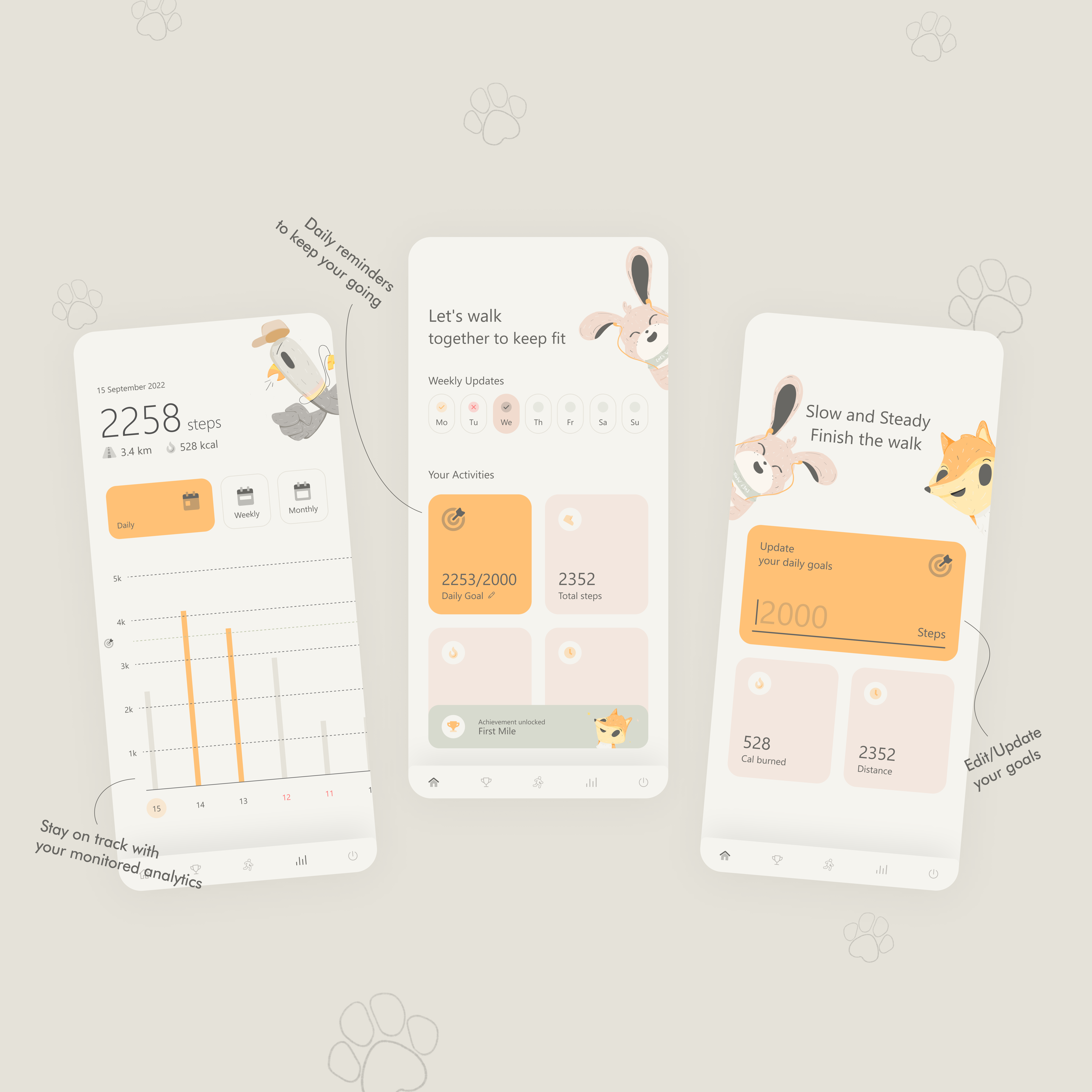 Let's Walk Main UIs adobe xd artwork clean cute figma fitness health health tracking illustration karachi logo minimal mobile mobile ui pakistan tracking ui uiux ux walking