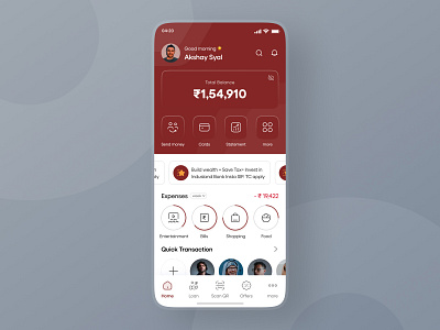 Indusind Bank - Redesign App UI app ui balance bank credit card design exchange finance financial investment minimalist money payment red savings transaction transfer ui design upi wallet