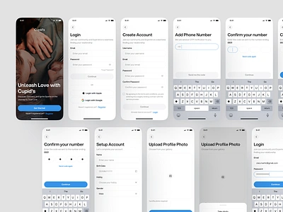 Cupid's - Sign In & Sign Up Screens app chat confirm email datin dating app forgot password messenger app on time password onboarding password registration sign in sign up signin signup start screen terms of service tinder walkthrough walkthroughs