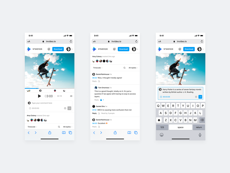 Video Editor - Collaboration Mobile affordance chat clean collaboration comment design editor feedback invideo message reply ui user interface video video editor video editor collaboration