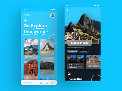 Travel app | Explore the world app blue figma lightblue machupicchu peru travel travel app trip ui ui design world