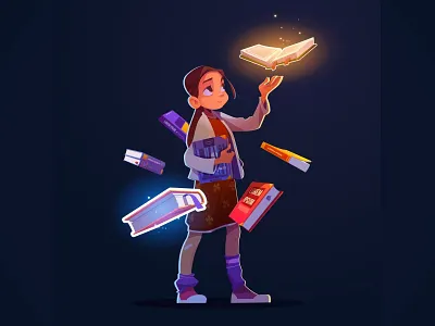 " Meet the Whimsical Girl and her Enchanted Books" cartooncharacter cartoondesign dribbbledesigns enchantedbooks graphic design illustration magicaladventures whimsicalart