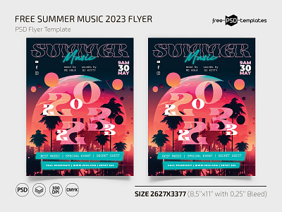 Free Summer Music 2023 Flyer Template + Instagram Post (PSD) 2023 event events flyer flyers free freebie music photoshop pink print printed psd summer sunset template templates