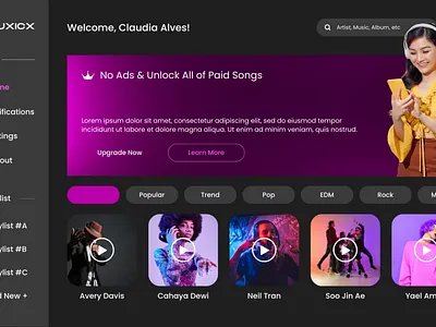 Dark Modern Music Dashboard Page Desktop Prototype flat ui ux