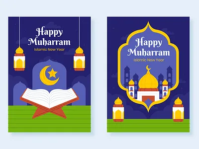 Islamic New Year Card Template background blue card cloud free freepik graphic greeting card islam islamic islamic new year lamp moon mosque muharram star template texts white yellow