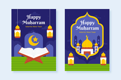 Islamic New Year Card Template background blue card cloud free freepik graphic greeting card islam islamic islamic new year lamp moon mosque muharram star template texts white yellow