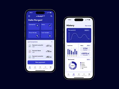 BuddyP - POS Mobile App blue branding business card payment cashier app finance graphic design graphs history icon logo payment pos progress tracking receipts stats summaries transactions ui ux