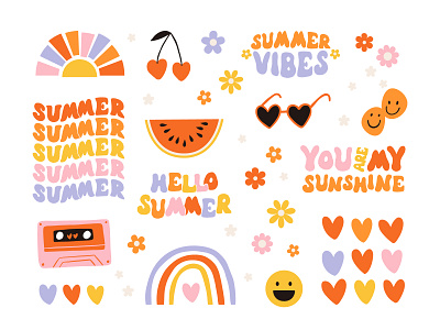 Summer vibes 70s cartoon concept groovy hippie illustration retro sticker summer vector
