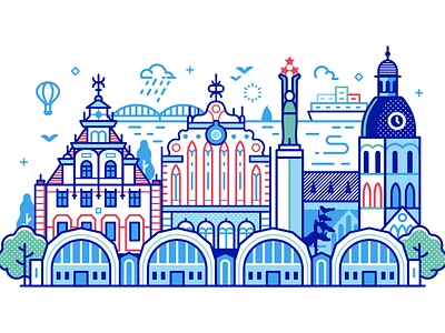 Riga Cityscape baltic city cityscape europe flat design illustration landmarks latvia line art old town panorama riga scene sea skyline tourist