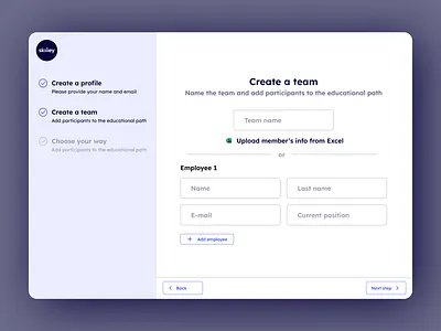 Create a team add company employee exel form log in login onboarding platform sidebar sign up signup team