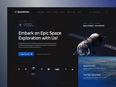 SpaceDream - Discover Space! 🚀 astronomy design exploration future galaxy hero section interface landing layout planets rocket space space tour technology travel ui universe web design