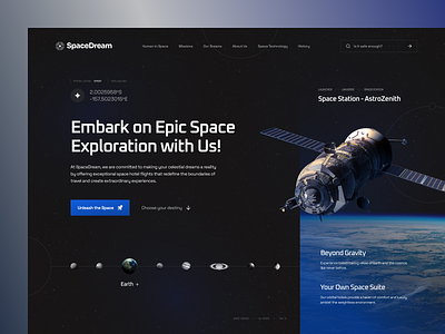 SpaceDream - Discover Space! 🚀 astronomy design exploration future galaxy hero section interface landing layout planets rocket space space tour technology travel ui universe web design