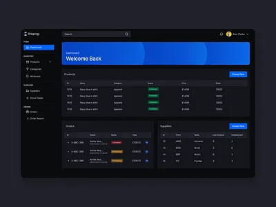 Logistics App | Dashboard UI admin analytics black blue cards collabify dark dark theme dashboard interface nigh product sidebar stats ui ui design ux