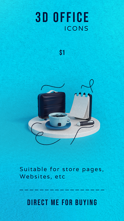 💼 3D Office Icons 3d 3d art 3d icon 3d modeling blender cup cup of tea icon notebook pen suitcase tea