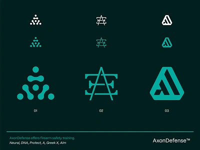 AxonDefense - Logo Concepts axon brain branding course creative logo dna education fire firearm gun learn logo logo monogram mind monogram neural safe safety training visual identity design