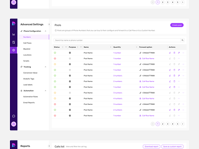 Phone Numbers Configuration Dashboard Pools Table Design actions audio call center complex components configuration crm dashboard flow list phone number pools saas search settings status table user voicemail