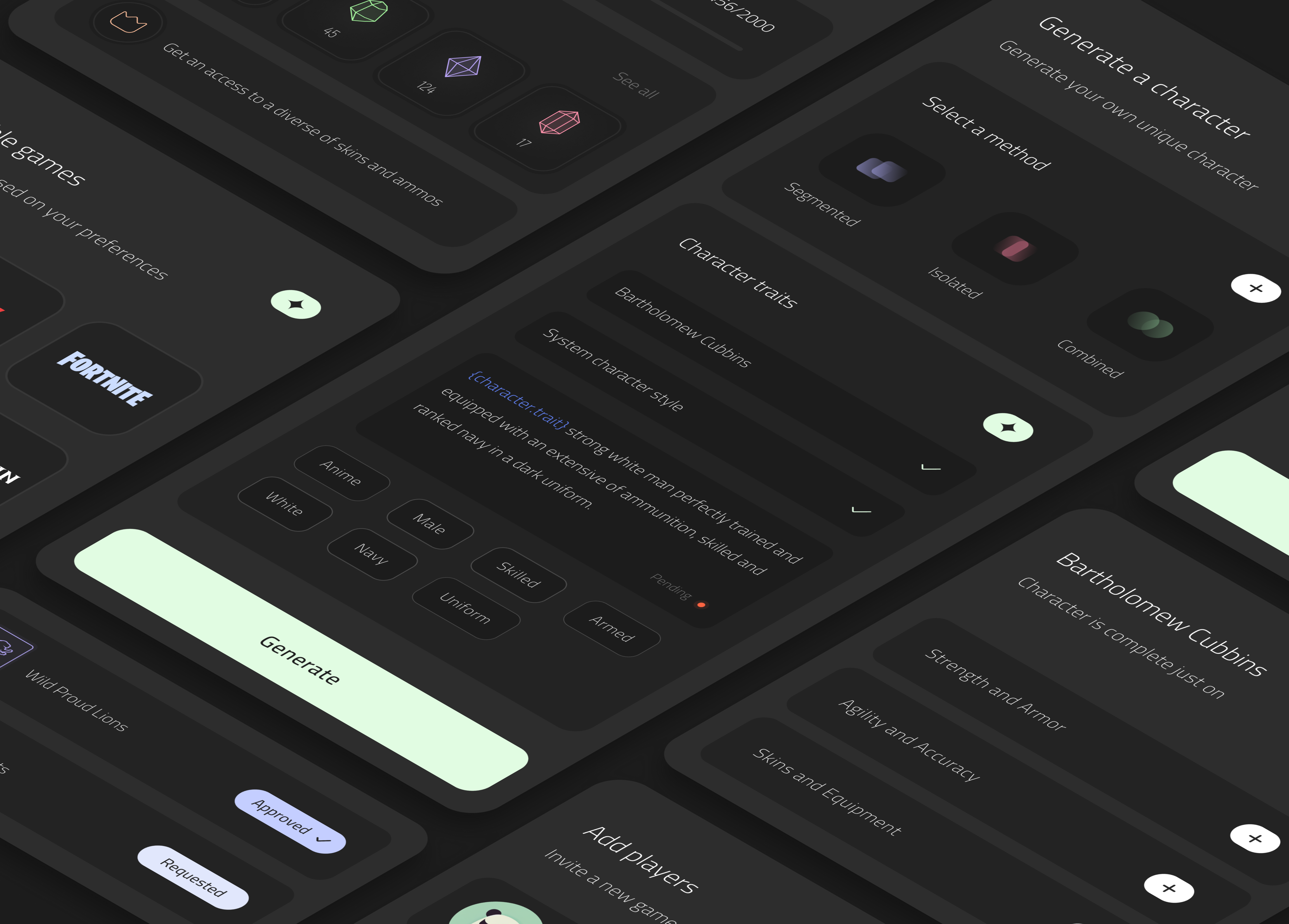 Gaming AI platform UI components 3d app design clean dark mode dashboard design system fortnite game design game user profile gaming graphic design interaction minimal design minimalism mobile app platform ui components ui design ui kit uiux design