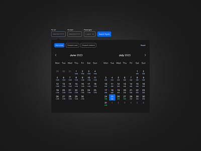 Dark Date Picker Calendar with Price Suggestions and Filters 2023 best practice best price calendar dark mode date picker dates design filters minimal modal pick price pricing range selection sorting ui ux vacation
