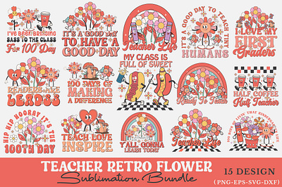 Teacher Retro Flower Sublimation Bundle retro wavy text svg teacher qoute