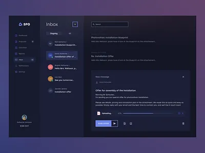 SPG Inbox messaging application attachement blue client comunication customer service design edit screen gradient interface panel photovoltaic proposal creation sales sending proposal solar ui user centered design ux web