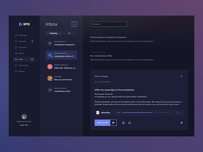 SPG Inbox messaging application attachement blue client comunication customer service design edit screen gradient interface panel photovoltaic proposal creation sales sending proposal solar ui user centered design ux web