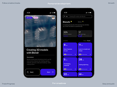 Redesign Mobile app - Trackr. application blue colours darkmode design designcourses graphs interface learning mobileapp navigation progress reading typography ui