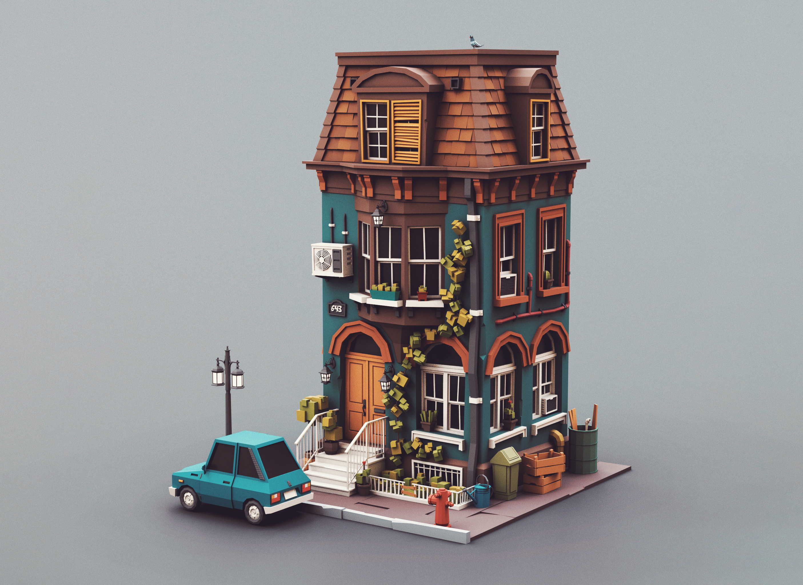 Low poly townhouse 05 car hatchback stylized