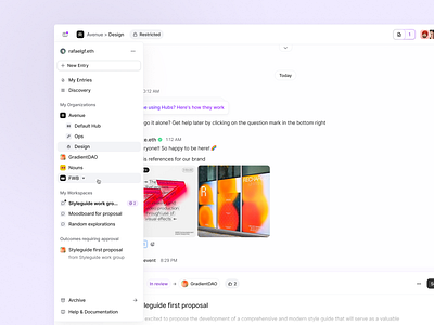 Floating sidebar ✷ Avenue app chat clean user interface floating hover information menu nav navigation product product design side menu sidebar slide over ui user interface ux web3