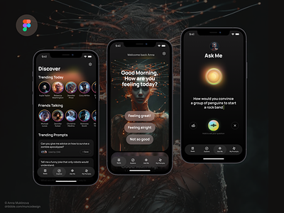 AI-powered social network mobile app template! 📱💬🤖 ai app artificial assistance bg black bottom navigation chatgpt dark explore friends gradient instagram midjourney mobile network reel social ui voice