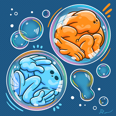 Bubble Space - Tight Blue & Yearning Orange bubble character cute illustration procreate