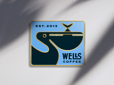 Wells Coffee Pin animal badge bird branding coffee enamel pin fish illustration lockup logo merch modern ocean pelican typography
