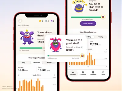 Mobile App Design for Health App, Game App Concept app blue challenge design fitness game gamification graph illustration ios light mobile monster profile progress reward stats steps ui white