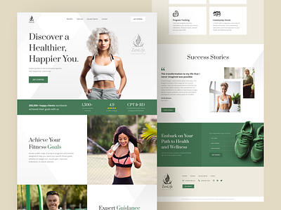 ZenLife - Fitness and Wellness brown design fitness girl green gym health healthy icons inspiration photos shoes sports testimonials training ui web website wellness woman