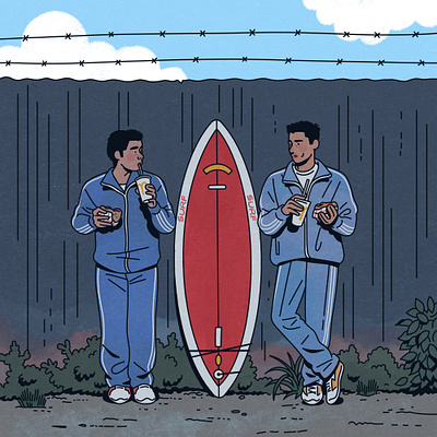 A scene at the sea illustration movie surfboard takeshi kitano