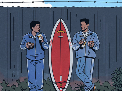 A scene at the sea illustration movie surfboard takeshi kitano