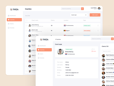 Admin Panel: Coaches Management admin admin panel admin ui clients coach crm design erm information interface list orange popular profile sidebar table ui ui ux design user user profile