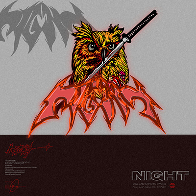 OWL AND SAMURAI animal art branding chloting chrome design graphic graphic design illustration katana logo longsleeves night owl samurai t shirt vector