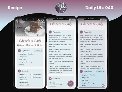 Recipe Daily UI 040 application branding cake daily ui design graphic design illustration ingredients mobile phone photo preparation recipe share step ui