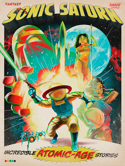 Sonic Saturn Sci-Fi Promo Poster comicbookcover comiccover fantasyart graphicnovel illustration montage movieposter pulpcomic pulpfiction retroart retroscifi retrospaceship saturn sciencefictionart scifi scifiart scifiposter spacecowboy spaceman spaceopera