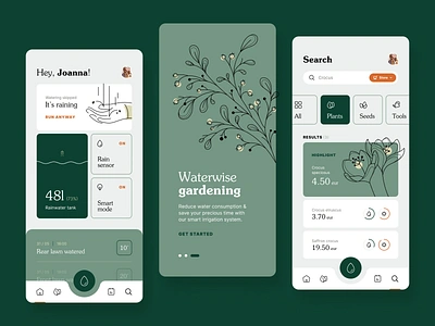 Waterwise gardening app application cards design filtering flowers garden green illustration irrigation line linework mobile plants search smart ui ui design ux water