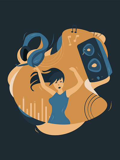 Illustration: Girl dancing to music, headphones, orange blue abstract abstract illustration blue club colorful dance dancing disco girl graphic design illustration music musical notes orange