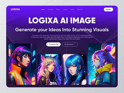 LOGIXA - AI Image Generator Hero Section Landing Page ai design ai image ai image generator animation app interface app ui art ai art generator artificial intelligence dark mode hero section image ai interaction landing page landingpage midjourney text to image ui web ai