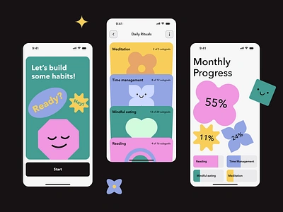 Habit Tracker Mobile App Concept achievments branding colorful design digitaldesign habits habittracker inspiration interactive lifestyle mobile motivation productivity progressvisualization shapes success ui uiux visualization wellness