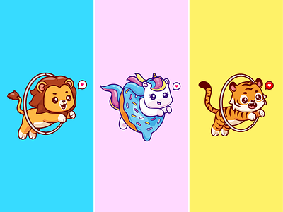 Jumping to Ring Circus🦁🦄🍩 activity animals carnival circus cute doughnut flying food horse icon illustration jumping lion logo pet rainbow ring show tiger unicorn