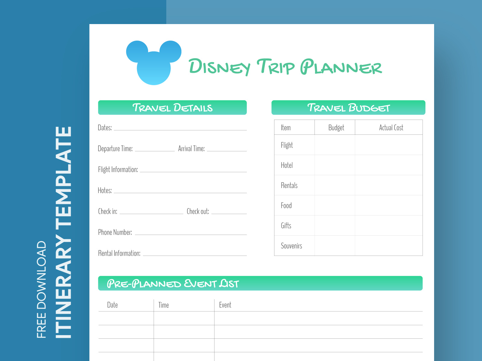 Disney Itinerary Free Google Docs Template by Free Google Docs