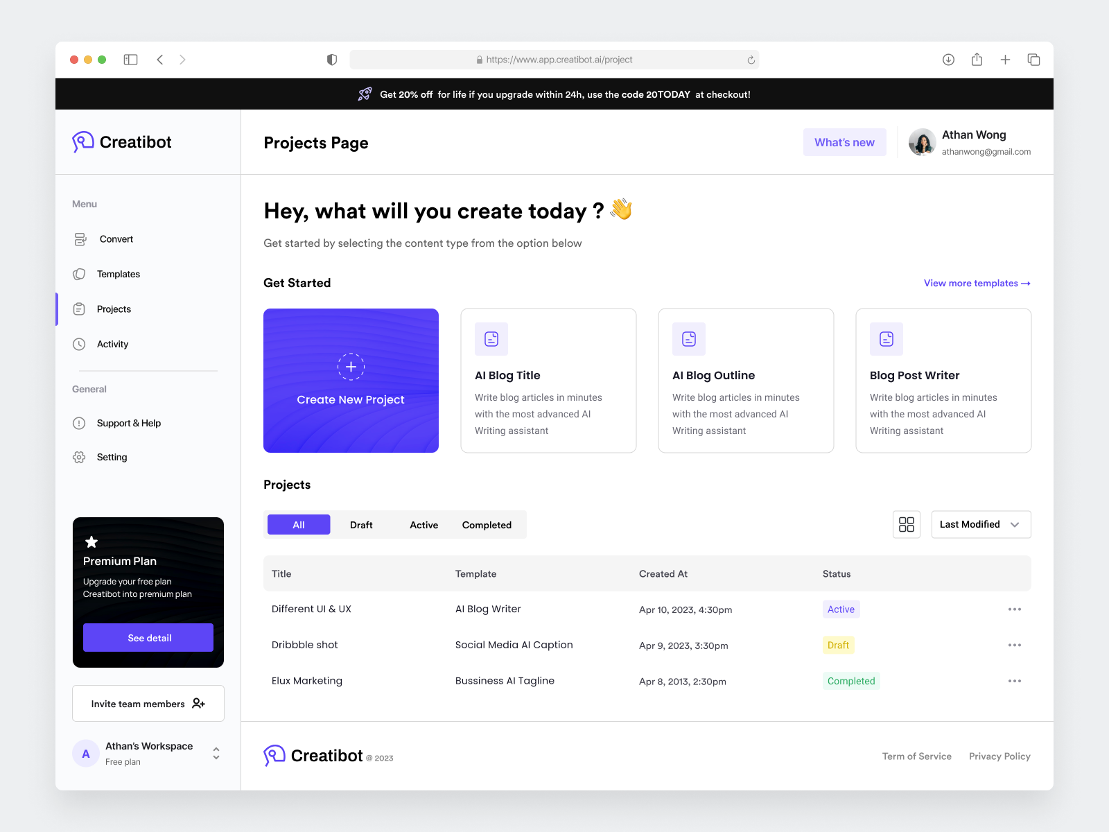 Creatibot - AI Copywriter Dashboard (Project Page) by Zaim Maulana for ...