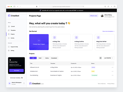 Creatibot - AI Copywriter Dashboard (Project Page) ai ai copywritter ai tools artificial intelligence blog writer chat app chatgpt component content copyai copywriter copywriting dashboard gpt 3 marketing openai peoject product saas template