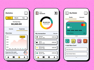 Wallet App Design with (Neubrutalism Layout) branding design graphic design illustration logo mobileapp neubrutalism neubrutalism icons neubrutalism layout neubrutalism mobile app neubrutalism wallet app tecorb ui userinterface vector