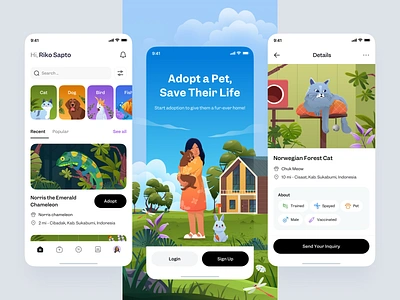 Animal Care Mobile App adopt app application bird cat chameleon clean design dog forest gradient graphic design icon illustration mobile orely pet plant ui design ui ux